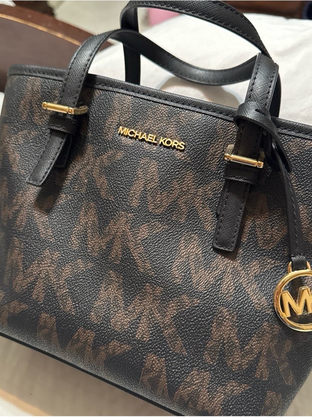Michael Kors Brown and Black Signature Satchel with Gold Hardware
